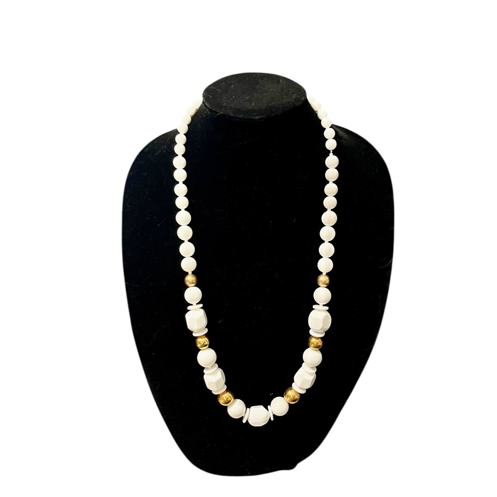 Vintage White And Gold Beaded Necklace 32”